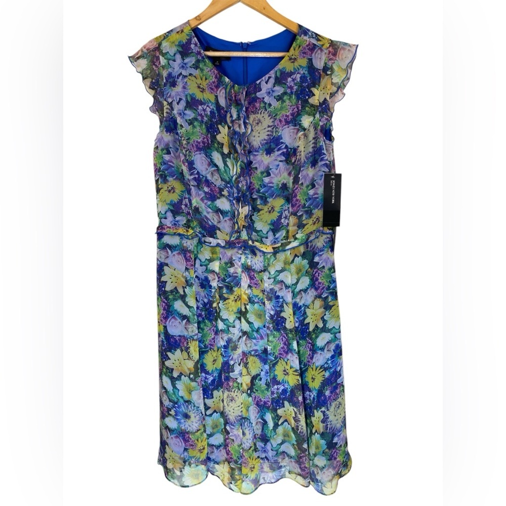 Jones New York Dress Size 16 Aloe Multi Floral Ruffle Sleeveless Sheath NWT